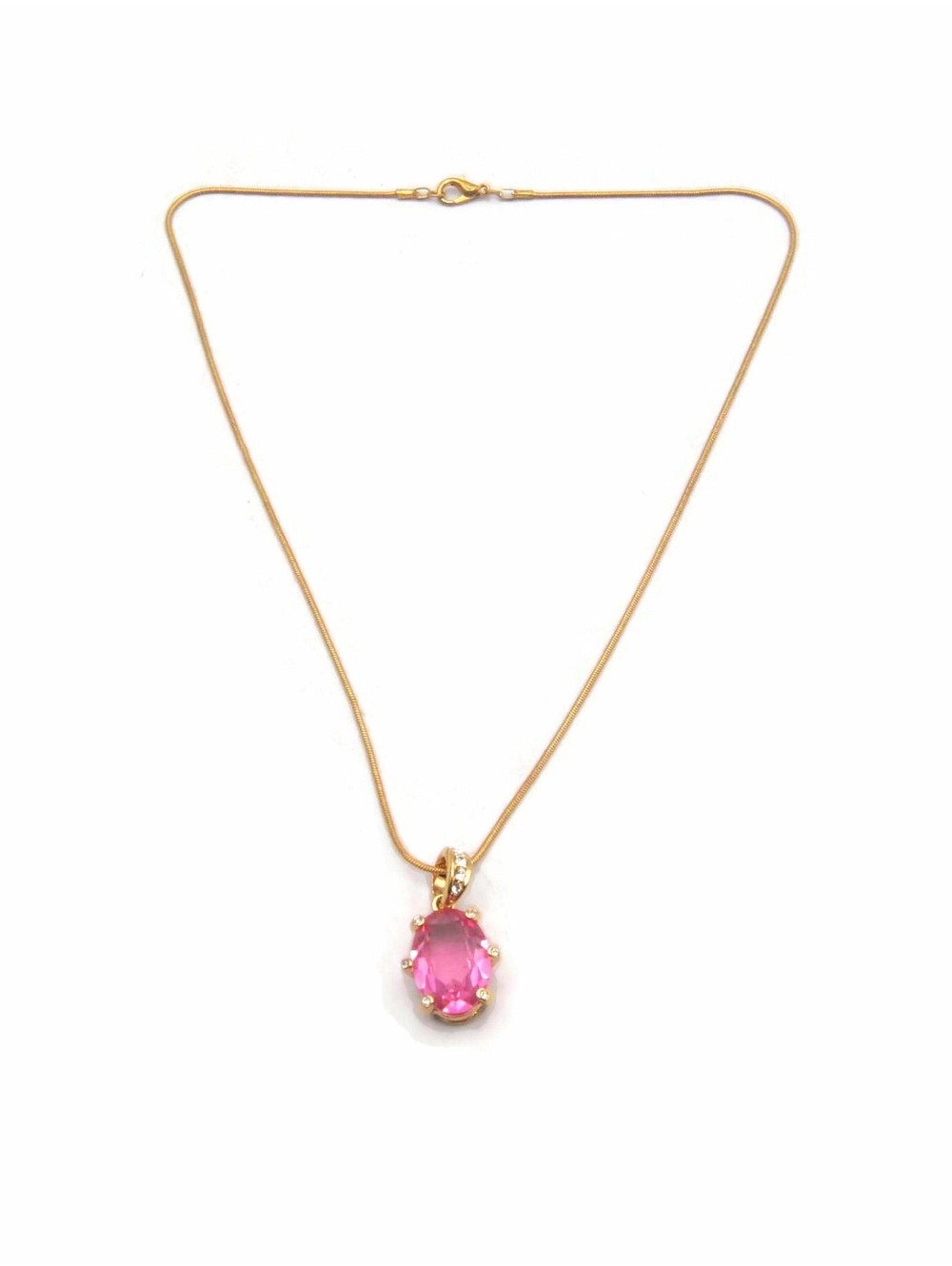 VTG Gold Tone, Pink Acrylic & Clear Stones Faceted Pendant Necklace, 18" Chain. - Picture 3 of 5